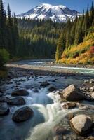Flowing River in Mountain Landscape with Snow Capped Peak photo