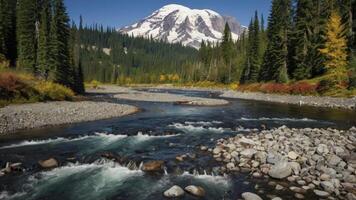 River Flowing Towards Snow Covered Mountain with Forest and Rocks photo