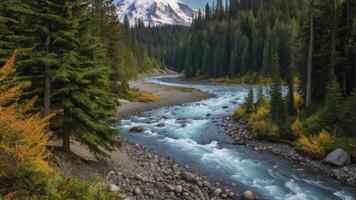 Scenic River Flowing Through Forest Landscape with Mountain Backdrop photo