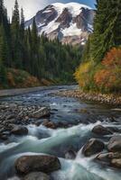 Flowing River Landscape with Snow Covered Mountain and Evergreen Trees photo