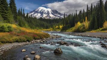 River Flowing in Mountain Landscape with Forest and Snowcapped Peak photo