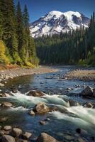 Mount rainier, oregon, usa, autumn, river, rocks, trees, mountains photo