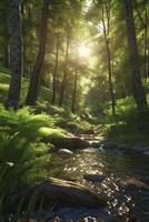 Stream Flowing Through Forest with Lush Greenery and Sunlight photo