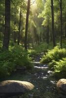 Flowing Stream Through a Lush Forest with Sunlight Streaming Through photo
