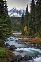 Flowing River Landscape with Mountain Rainier and Forest in Washington photo