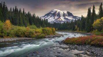 Scenic River Flowing Through Autumn Forest with Snow-capped Mountain View photo