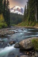 Flowing River with Snow Mountain View Surrounded by Evergreen Forest photo