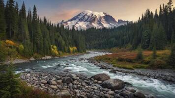 River Flowing Through Forest with Mountain View Landscape Background Scenery photo