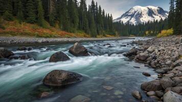 Flowing River with Snowcapped Mountain Landscape and Evergreen Forest Scenery photo