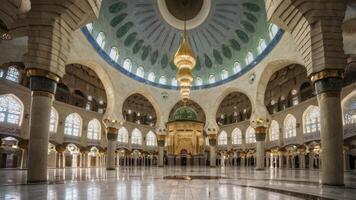 Grand Mosque Interior Featuring Dome Chandelier and Pillars for Cultural Background photo