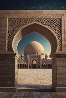 Mosque Dome Seen Through Stone Archway with Stars Above at Dusk photo