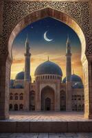 Mosque Architecture Viewed Through Ornate Archway Against Starry Crescent Moon Sky photo