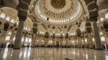 Grand Mosque Interior with Dome and Columns Reflecting on Marble Floor photo