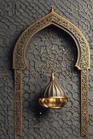 Golden Archway with Ornate Design and Lamp Illuminating Detailed Wall photo