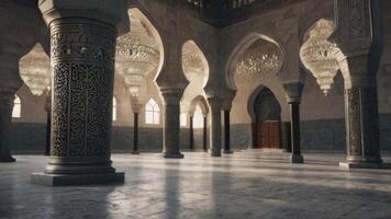 Ornate Interior of Islamic Mosque Architecture with Columns and Chandeliers photo