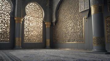 Elaborate Islamic Interior Design with Arched Windows and Intricate Golden Patterns photo