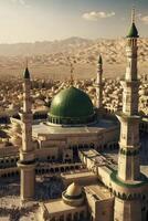 Aerial View of Medina Mosque with Green Dome and Pilgrims Gathering photo