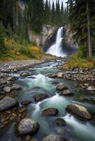 Cascading Waterfall Flowing Into Riverbed in Lush Forest Environment photo