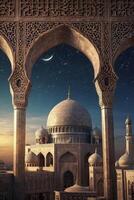 Grand Mosque Under Crescent Moon Seen Through Ornate Arches at Night photo