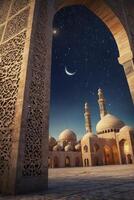 Mosque at Night with Crescent Moon and Starry Sky photo