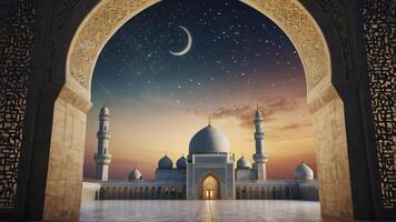 Grand Mosque at Night Seen Through Stone Arch with Crescent Moon photo