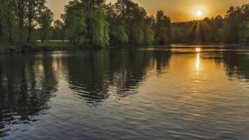 Lake at Sunrise Reflecting Light Beams with Trees Along Shoreline photo