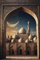 Majestic Mosque Seen Through Ornate Archway Under Crescent Moon Night Sky photo