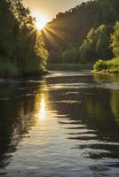 Sun Shining Over Calm River with Trees Along the Banks photo