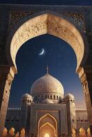 Mosque Architecture Under Crescent Moon at Night Religious Celebration photo