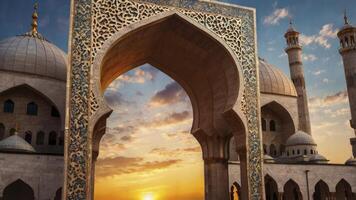 Mosque Architecture at Sunset Through Ornate Archway with Domes and Towers photo