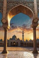 Mosque View Through Archway at Sunset Featuring Ornate Architectural Details photo