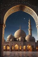 Grand Mosque Architecture View at Night with Illuminated Arches and Domes photo