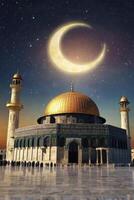 The mosque is illuminated by the moon and stars photo