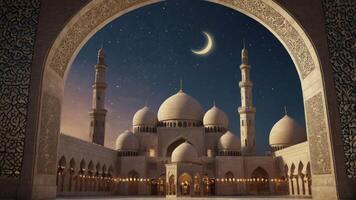 Mosque at Night with Crescent Moon and Starry Sky Background photo