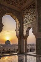 Sheikh Zayed Mosque View Through Arches During Sunset with Golden Light photo