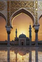 Grand Mosque Architecture Through Golden Archway at Sunset Reflecting on Marble photo