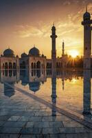 Mosque Reflection at Sunset with Golden Light and Architecture photo