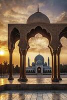 Majestic Mosque View at Sunset Through Ornate Archway in Middle East photo