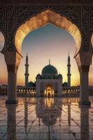 Viewing Mosque Through Archway at Sunset with Reflection on Marble Floor photo