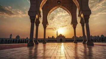 Mosque at Sunset Through Archway with Reflections and Warm Golden Light photo
