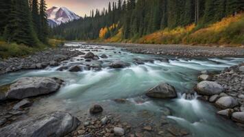 Flowing River Landscape with Mountain and Forest in Autumn Colors photo