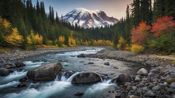 Flowing River Landscape with Snow Capped Mountain and Autumn Foliage photo