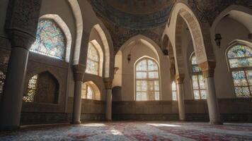 Inside Grand Mosque Featuring Stained Glass Windows and Islamic Architecture photo
