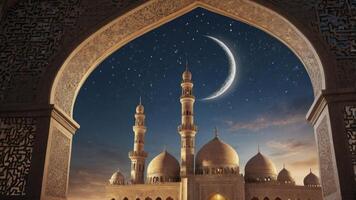 Mosque at Night Seen Through Archway with Crescent Moon and Stars photo