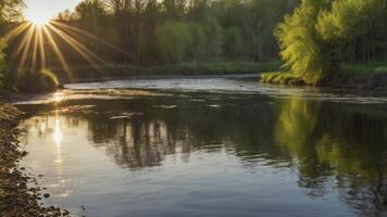 Tranquil River Scene at Sunset with Sunrays Shining Through Trees photo