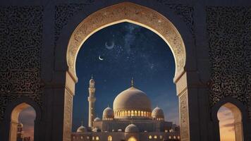 Sheikh Zayed Grand Mosque View Through Archway at Night with Crescent Moons photo