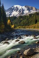 Mount Rainier Scenic River View Through Autumn Trees and Clear Sky photo