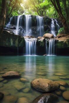 Cascading Waterfall in Lush Green Forest Setting with Reflections photo