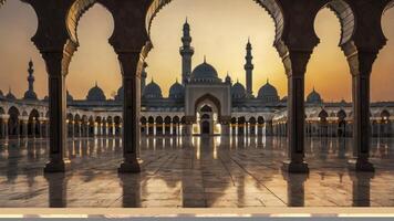 Majestic Mosque Architecture with Arches at Sunset Glowing Golden photo