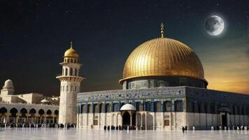 Dome of the Rock at Night with Moon and Starry Sky photo